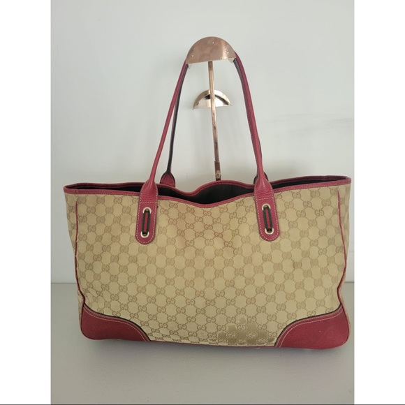 GUCCI Authentic GG Canvas Red Leather Princy Tote Bag - Picture 2 of 7